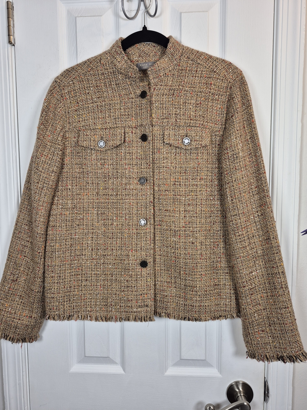 ​Kate Hill Tweed Bouclé Fringe Jacket Tan Wool Blend Size 10 Dark Academia Fall